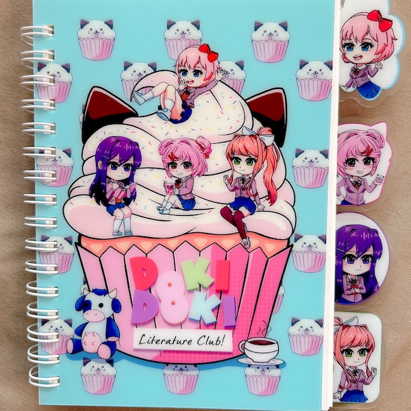Spiral Bound Notebook | Cute Kawaii notebook with tabs, bullet journal, anime journal, cupcake, DDLC, Natsuki, Monika, Sayori, Yuri, doki
