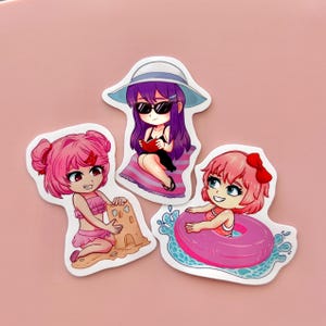Kawaii Doki summer stickers, DDLC, cute sticker gift, doki doki, beach episode, anime gift, ddlc