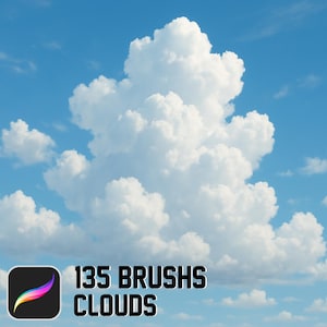 May include: A clear blue sky with large, white, puffy clouds. The image features a logo with a rainbow-coloured brushstroke and the text "135 BRUSHES CLOUDS".
