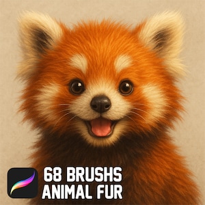 May include: A digital illustration of a red panda with a smiling expression. The red panda has orange and white fur, with a black nose and large, dark eyes. The image includes the text "68 BRUSHES ANIMAL FUR" and the Procreate app logo.
