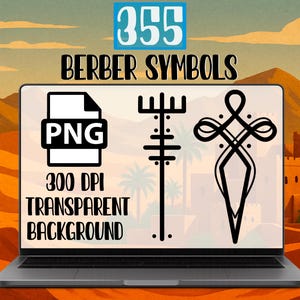 Op de afbeelding: Een laptopscherm met 355 Berber-symbolen, met een bestand met de naam "PNG" en de tekst "300 DPI TRANSPARENT BACKGROUND". De symbolen zijn zwart-wit en zijn geplaatst tegen een achtergrond van een woestijnlandschap.