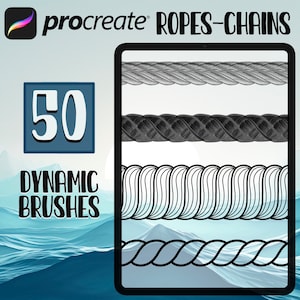 Peut inclure: Un écran de tablette numérique affichant 50 pinceaux Procreate dynamiques pour dessiner des cordes et des chaînes. Les pinceaux sont présentés dans différents styles, y compris épais, fins et texturés. Le texte "50 DYNAMIC BRUSHES" est affiché sous l'écran de la tablette.