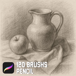 May include: A pencil sketch depicting a still life with a jug, an apple, and a draped cloth. The image includes the text "120 BRUSHES PENCIL" and a colorful logo.