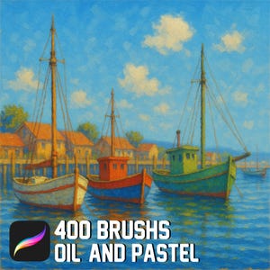 May include: An oil painting of three colorful fishing boats docked in a harbor. The boats are painted in white, red, and green, with tall masts. The text "400 BRUSHES OIL AND PASTEL" is at the bottom of the image.