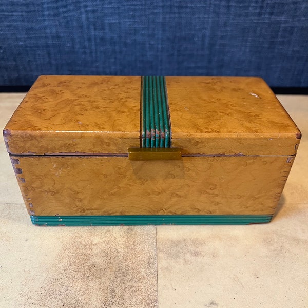 Art deco burl wood box with painted green details and Bakelite handle