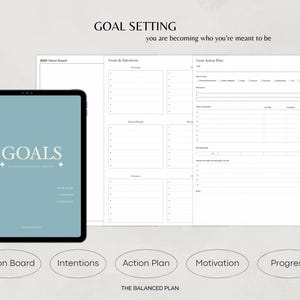 May include: A printable goal setting worksheet with sections for vision board, intentions, action plan, motivation, and progress. The worksheet has the text "GOAL SETTING" and "you are becoming who you're meant to be".