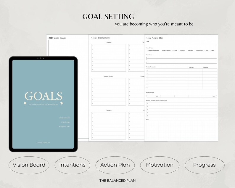 May include: A printable goal setting worksheet with sections for vision board, intentions, action plan, motivation, and progress. The worksheet has the text "GOAL SETTING" and "you are becoming who you're meant to be".