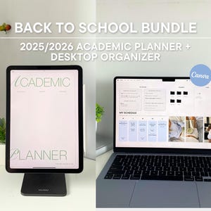 Pode incluir: Um pacote digital de volta às aulas com um tablet e um laptop. O tablet exibe "ACADEMIC PLANNER" em verde, enquanto o laptop mostra um cronograma e o logotipo do Canva. O texto "BACK TO SCHOOL BUNDLE" e "2025/2026 ACADEMIC PLANNER + DESKTOP ORGANIZER" também é visível.