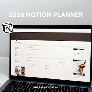 May include: A laptop screen showing a 2026 Notion planner interface. The digital planner has sections and a calendar. A sticker with the Notion logo is in the upper left. The text "2026 NOTION PLANNER" is at the top of the screen.