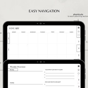 May include: A digital planner app interface with a monthly calendar view for January and a weekly overview page. The app allows for easy navigation with links to each week and day, tabs for each month, and shortcuts to each planning section.