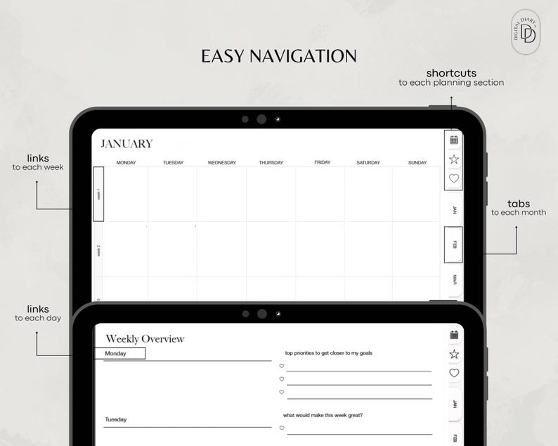 May include: A digital planner app interface with a monthly calendar view for January and a weekly overview page. The app allows for easy navigation with links to each week and day, tabs for each month, and shortcuts to each planning section.