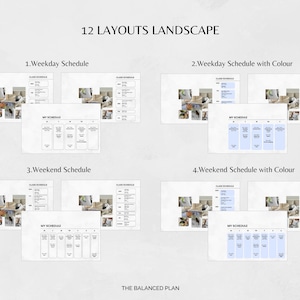 Puede incluir: Un producto digital que muestra 12 dise&ntilde;os horizontales para la programaci&oacute;n. Los dise&ntilde;os incluyen horarios de d&iacute;as laborables y fines de semana, con y sin color. El texto incluye "12 LAYOUTS LANDSCAPE", "Weekday Schedule", "Weekend Schedule" y "THE BALANCED PLAN".