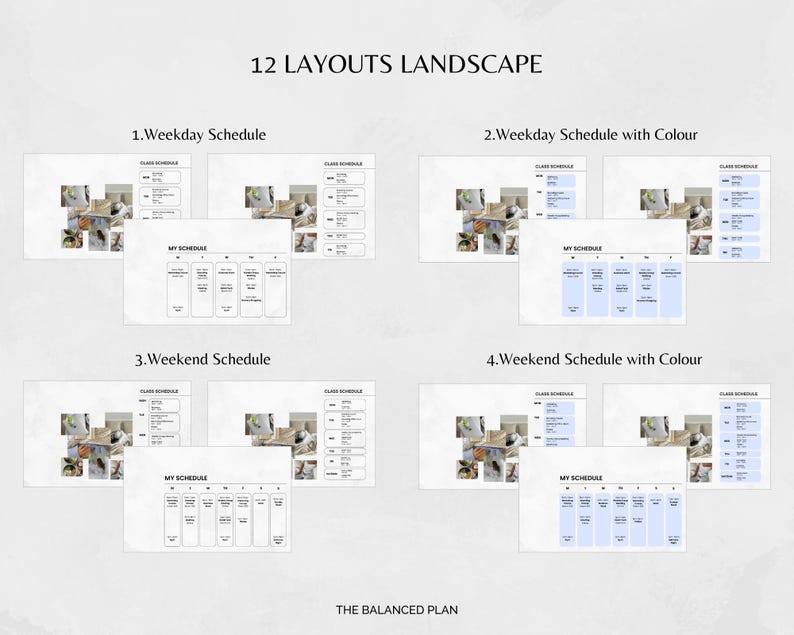 Puede incluir: Un producto digital que muestra 12 dise&ntilde;os horizontales para la programaci&oacute;n. Los dise&ntilde;os incluyen horarios de d&iacute;as laborables y fines de semana, con y sin color. El texto incluye "12 LAYOUTS LANDSCAPE", "Weekday Schedule", "Weekend Schedule" y "THE BALANCED PLAN".