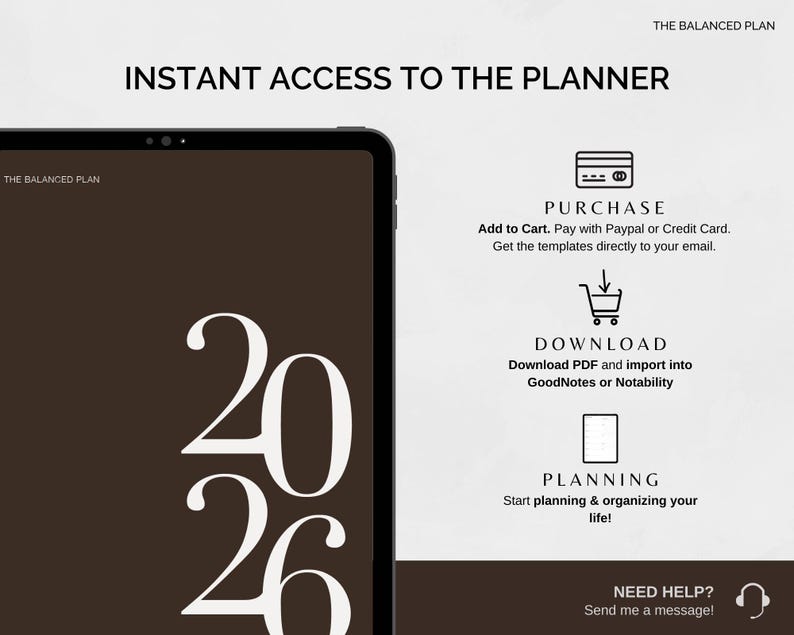 May include: A digital planner advertisement with the text "INSTANT ACCESS TO THE PLANNER." The image features a tablet displaying the numbers "2026" in a stylish font. Instructions for purchase and download are also included.