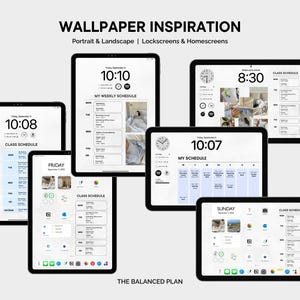 Puede incluir: Una colecci&oacute;n de pantallas de tabletas digitales que muestran inspiraci&oacute;n para fondos de pantalla. Las pantallas muestran la hora, horarios y el texto "WALLPAPER INSPIRATION" y "THE BALANCED PLAN". Las pantallas est&aacute;n en orientaci&oacute;n vertical y horizontal.