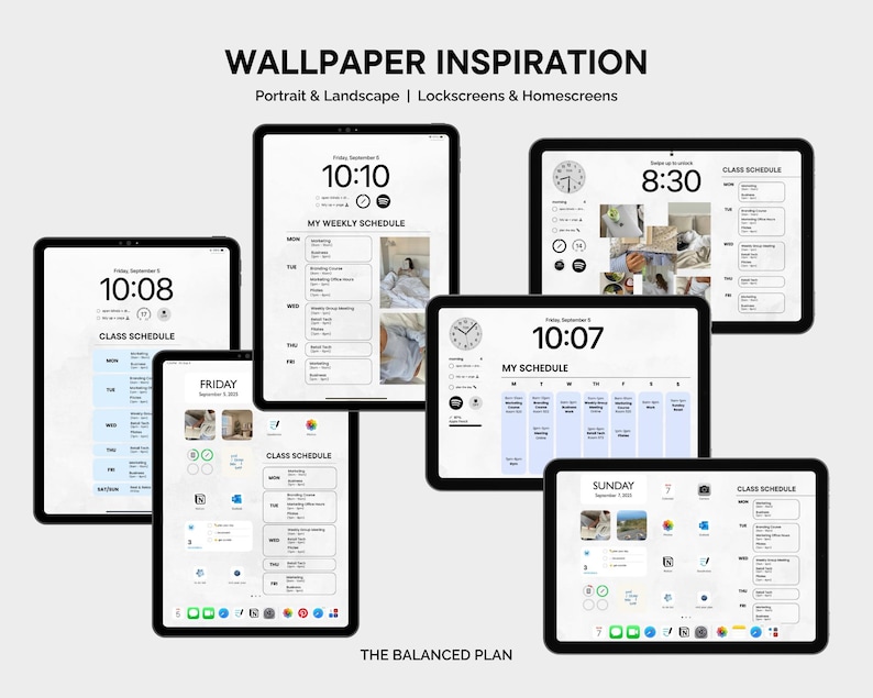 Puede incluir: Una colecci&oacute;n de pantallas de tabletas digitales que muestran inspiraci&oacute;n para fondos de pantalla. Las pantallas muestran la hora, horarios y el texto "WALLPAPER INSPIRATION" y "THE BALANCED PLAN". Las pantallas est&aacute;n en orientaci&oacute;n vertical y horizontal.