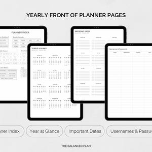 May include: A digital planner displayed on four black tablets. The planner pages include an index, a yearly calendar, a section for important dates, and a page for usernames and passwords. The text "YEARLY FRONT OF PLANNER PAGES" is at the top.