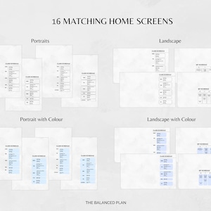 Puede incluir: Imagen que muestra 16 pantallas de inicio a juego, en formatos vertical y horizontal, algunas con color. El texto incluye "CLASS SCHEDULE" y "MY SCHEDULE". La marca es The Balanced Plan.