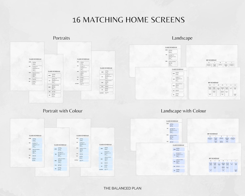 Puede incluir: Imagen que muestra 16 pantallas de inicio a juego, en formatos vertical y horizontal, algunas con color. El texto incluye "CLASS SCHEDULE" y "MY SCHEDULE". La marca es The Balanced Plan.