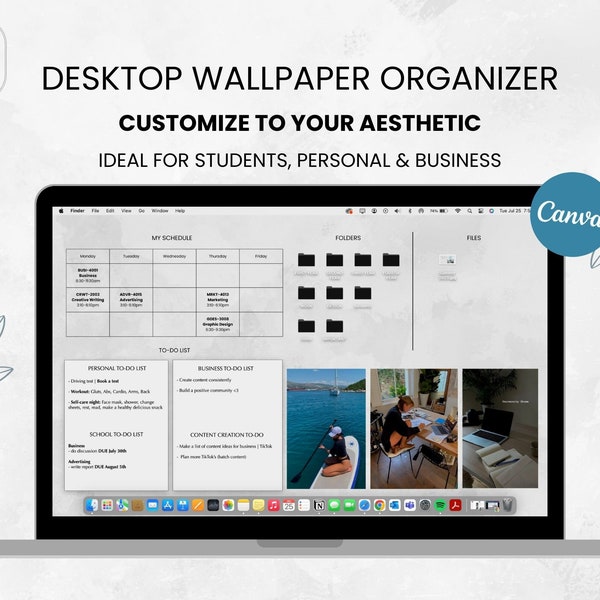 Desktop Wallpaper Organizer ästhetisch, anpassbar mit Canva, Schulwochenplaner, Lebens- und Arbeitsplaner, Farbe, Schriftart, Fotos