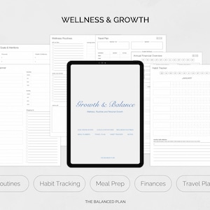 May include: A digital planner with the text "Growth & Balance" on a tablet screen, surrounded by printed pages for wellness routines, travel plans, and habit tracking. The words "Wellness & Growth" are at the top.