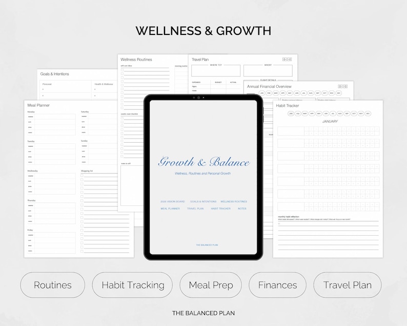 May include: A digital planner with the text "Growth & Balance" on a tablet screen, surrounded by printed pages for wellness routines, travel plans, and habit tracking. The words "Wellness & Growth" are at the top.