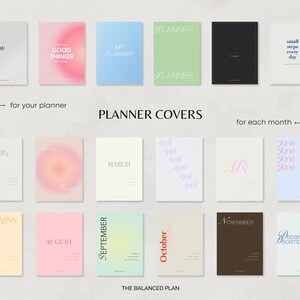 May include: A set of 12 planner covers with different designs and colours. The covers feature text such as "A New Era of Me", "Good Things", "My Planner", "Planner", "Small Steps Every Day", "January", "March", "April", "June", "August", "September", "October", "November", and "December".