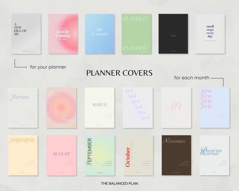 May include: A set of 12 planner covers with different designs and colours. The covers feature text such as "A New Era of Me", "Good Things", "My Planner", "Planner", "Small Steps Every Day", "January", "March", "April", "June", "August", "September", "October", "November", and "December".