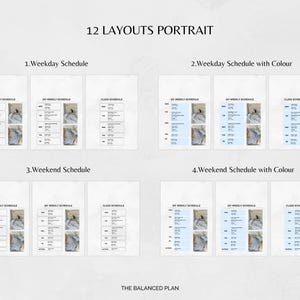 Puede incluir: Una impresi&oacute;n digital que muestra 12 dise&ntilde;os de retrato para la planificaci&oacute;n. Los dise&ntilde;os incluyen horarios de d&iacute;as laborables y fines de semana, con y sin color. El texto dice "12 LAYOUTS PORTRAIT" y "THE BALANCED PLAN".