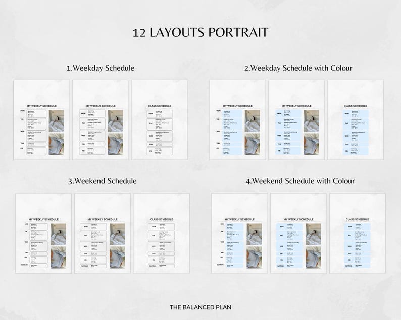 Puede incluir: Una impresi&oacute;n digital que muestra 12 dise&ntilde;os de retrato para la planificaci&oacute;n. Los dise&ntilde;os incluyen horarios de d&iacute;as laborables y fines de semana, con y sin color. El texto dice "12 LAYOUTS PORTRAIT" y "THE BALANCED PLAN".