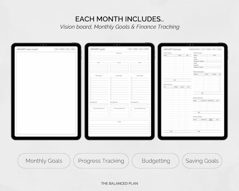 May include: Three black tablets displaying a vision board, monthly goals, and finance tracking pages. The text "EACH MONTH INCLUDES.. Vision board, Monthly Goals & Finance Tracking" is at the top. Below are the words "Monthly Goals", "Progress Tracking", "Budgeting", and "Saving Goals".