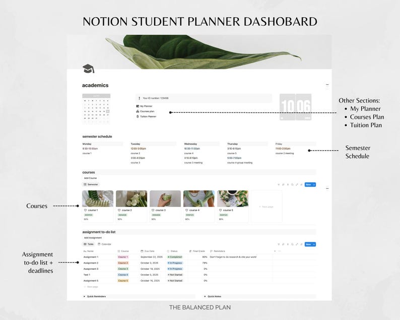 Student Notion Planner by The Balanced Plan | Academic Student Digital Planner, College Planner, Assignment Tracker, School Planner image 3