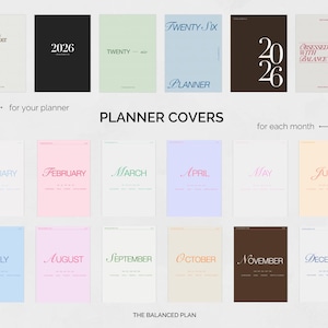 May include: A collection of planner covers in various colors, including white, black, light blue, and brown. The covers feature the years 2026 and the months of the year, with elegant typography. The phrase "PLANNER COVERS" is displayed prominently.