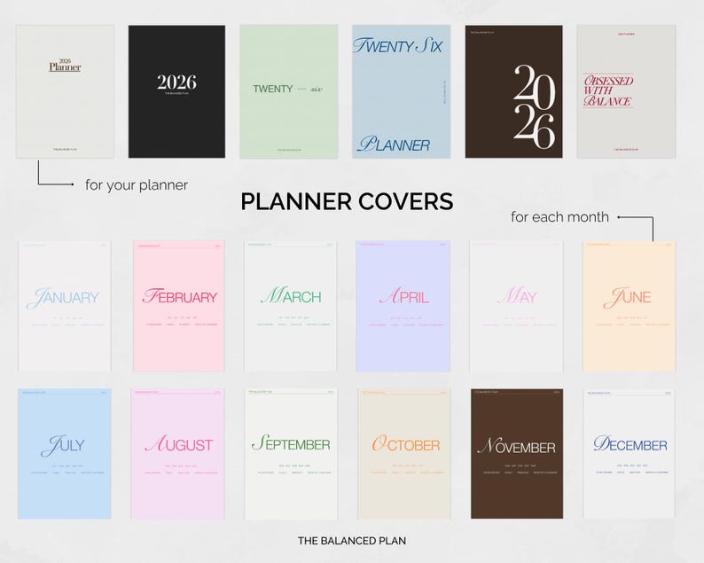 May include: A collection of planner covers in various colors, including white, black, light blue, and brown. The covers feature the years 2026 and the months of the year, with elegant typography. The phrase "PLANNER COVERS" is displayed prominently.
