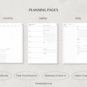 May include: A set of printable planning pages for monthly, weekly, and daily scheduling. The pages include sections for gratitude, task prioritisation, wellness check-in, and habit tracking. The text "THE BALANCED PLAN" is at the bottom of the image.