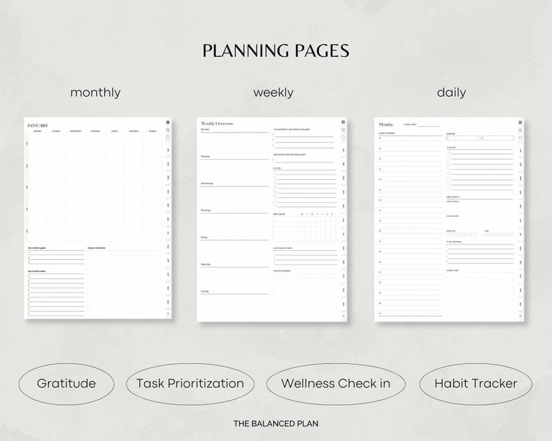 May include: A set of printable planning pages for monthly, weekly, and daily scheduling. The pages include sections for gratitude, task prioritisation, wellness check-in, and habit tracking. The text "THE BALANCED PLAN" is at the bottom of the image.