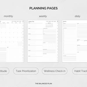 May include: A digital planner with monthly, weekly, and daily planning pages. The pages include sections for gratitude, task prioritization, wellness check-in, and habit tracking. The text "PLANNING PAGES" and "THE BALANCED PLAN" are visible.