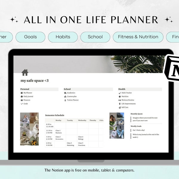 All In One Notion Life Planner | Weekly + Monthly Planner, Goals, Habit Tracker, School, Fitness & Nutrition, Health, Finance Tracking.