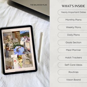 May include: A digital planner with a collage of images on the screen. The planner includes sections for yearly important dates, monthly plans, weekly plans, daily plans, goals, meal planning, habit trackers, self-care ideas, routines, and a vision board.