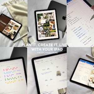 May include: Multiple iPads displaying digital planning layouts. The screens show calendars, habit trackers, and photo collages. The text "PLAN IT. CREATE IT. LIVE IT. WITH YOUR IPAD" is visible. A stylus and accessories are also present.
