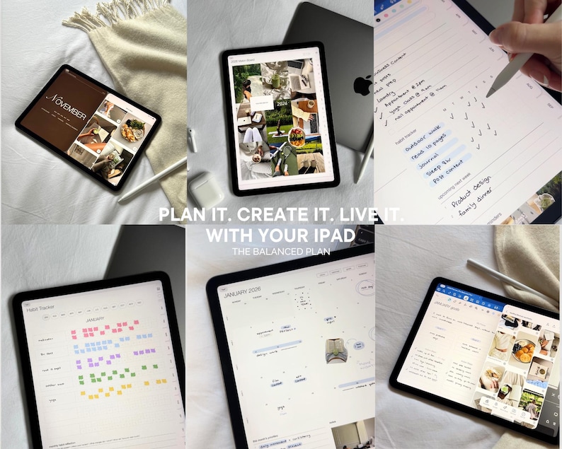 May include: Multiple iPads displaying digital planning layouts. The screens show calendars, habit trackers, and photo collages. The text "PLAN IT. CREATE IT. LIVE IT. WITH YOUR IPAD" is visible. A stylus and accessories are also present.