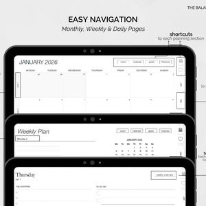 May include: A digital planner interface displayed on three black tablets. The screens show monthly, weekly, and daily views with navigation features. The text "EASY NAVIGATION" and "THE BALANCED PLAN" are visible.