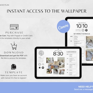 Puede incluir: Dos tabletas digitales que muestran un horario semanal y un horario de clases, con el texto "Acceso instant&aacute;neo al fondo de pantalla". La imagen incluye iconos para comprar, descargar y plantilla, junto con el logotipo de Canva.