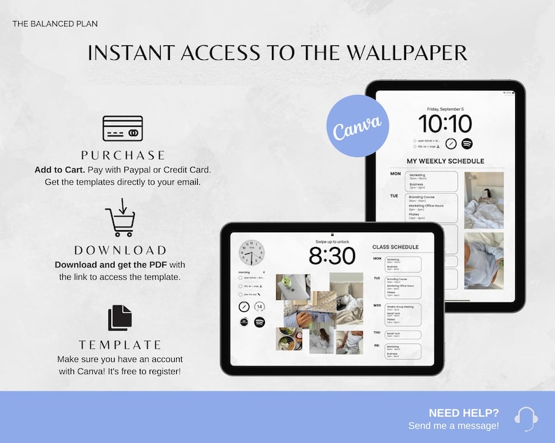 Puede incluir: Dos tabletas digitales que muestran un horario semanal y un horario de clases, con el texto "Acceso instant&aacute;neo al fondo de pantalla". La imagen incluye iconos para comprar, descargar y plantilla, junto con el logotipo de Canva.