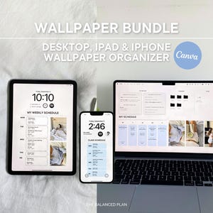 Op de afbeelding: Een digitale wallpaperbundel voor desktop, iPad en iPhone organizers. De afbeelding toont een laptop, tablet en smartphone met een schema en tijd. De tekst op de afbeelding luidt "WALLPAPER BUNDLE" en "MY WEEKLY SCHEDULE".