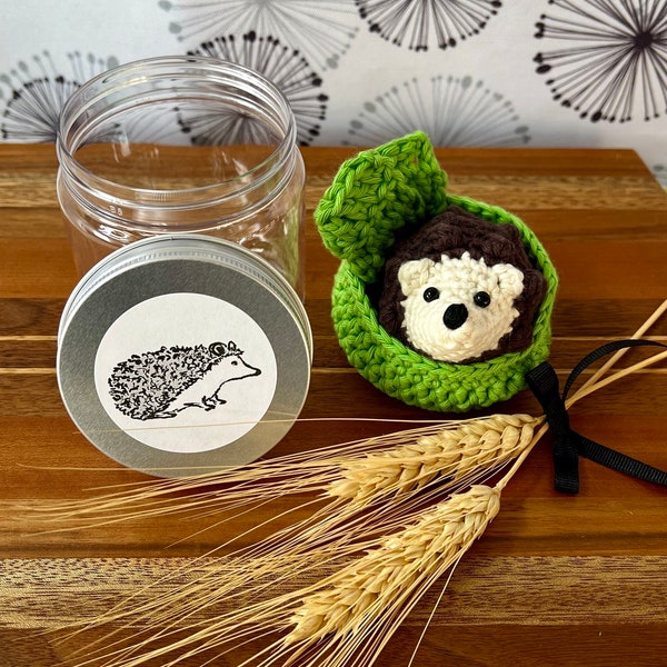 Hedgie Crochet Critter-in-a-Jar • Handmade Amigurumi Hedgehog with Bed & Blanket • 100% Organic Cotton Desk Buddy • Made-to-Order