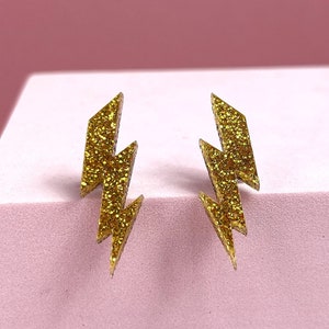 Lightning Bolt Acrylic Stud Earrings Gold Glitter -  Laser cut Jewellery - Hypoallergenic - Stainless Steel - Cute Handmade - Retro