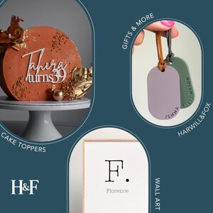 Puede incluir: Una colecci&oacute;n de regalos personalizados y art&iacute;culos de decoraci&oacute;n para el hogar. La imagen muestra un adorno para pastel con el nombre "Tahira turns 39", un juego de dos llaveros personalizados y una impresi&oacute;n de arte de pared enmarcada con la letra "F" y la palabra "Florence".