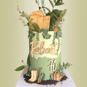 Gardening Theme Cake Topper, Allotment Cake Decorations, Spade Shed Watering Can Wellington Boots | Retirement Golden Birthday