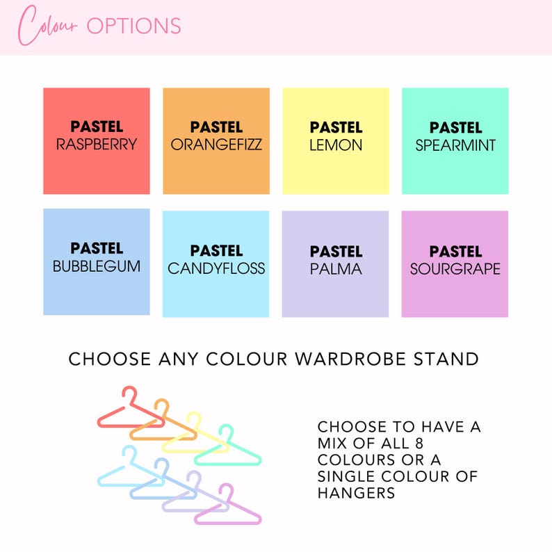 Puede incluir: Un gr&aacute;fico que muestra ocho opciones de color pastel para un soporte de armario. Los colores son frambuesa pastel, naranja fizz, lim&oacute;n, menta, chicle, algod&oacute;n de az&uacute;car, palma y uva agria. El texto dice "Elige cualquier color de soporte de armario" y "Elige tener una mezcla de los 8 colores o un solo color de perchas".